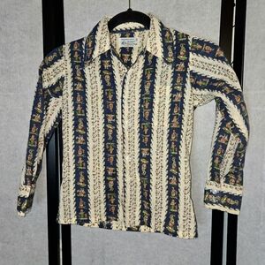Vintage Child's Folk Western Printed Long-sleeve Button-Up Small Shirt Rodeo